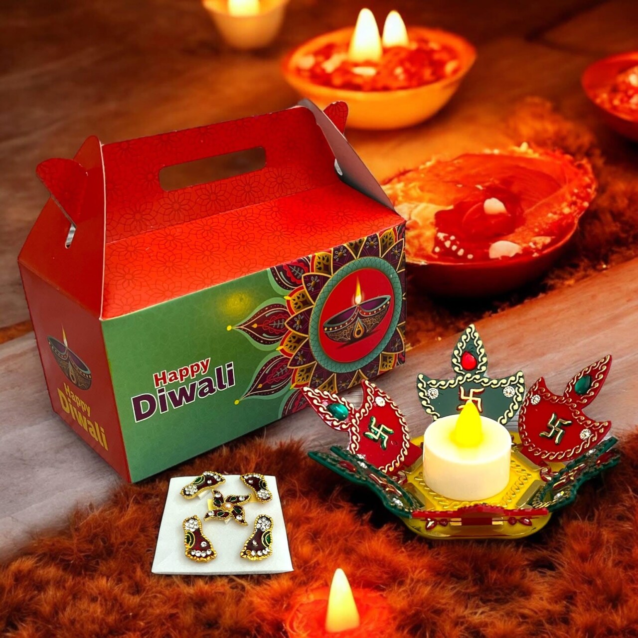 Diwali Gift Hamper Indian Festival Happy Diwali Gable Box with Acrylic Rangoli Set and Lakshmi Feet Deepawali Hampers for Employees Home Office Friends Family Relatives - Return Gifts Items